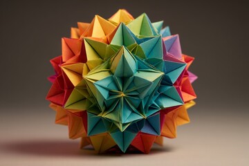 A vibrant, colorful origami Kusudama ball featuring intricate folded paper shapes, creating a stunning geometric pattern against a neutral background showcasing the art of paper folding.