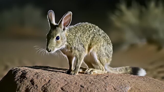 Jerboa rabbit stands tall on rocky outcropping in desert, its long ears perked up and alert, conveying resilience and adaptability as it thrives in harsh environment, perfect for use cases.