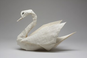 Elegant origami swan crafted from textured paper, showcasing intricate folds and a graceful, minimalist design against a neutral background, perfect for creative concepts.