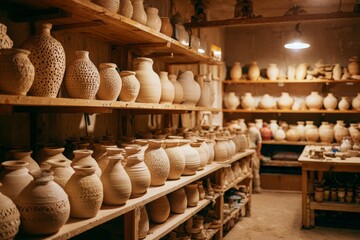 An indoor display of handcrafted pottery vases, arranged on wooden shelves in a workshop setting, showcasing the artistry and skill of ceramics creation.