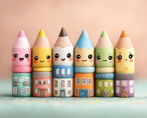 Colorful pencils shaped like charming houses.