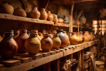 Rows of handmade clay pots on wooden shelves in a rustic pottery workshop, showcasing traditional crafts, rich earthy tones, and artisanal craftsmanship in a warm, inviting light.