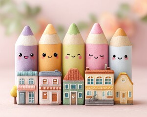 Colorful pencil houses in a playful arrangement.