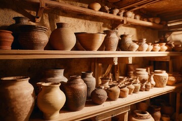 A collection of handcrafted pottery displayed on rustic wooden shelves, showcases a variety of earthen vessels in varying sizes and shapes, exuding artisanal craftsmanship and a timeless aesthetic.