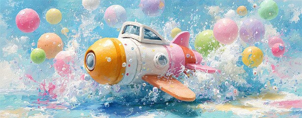 Colorful toy submarine splashing in water.