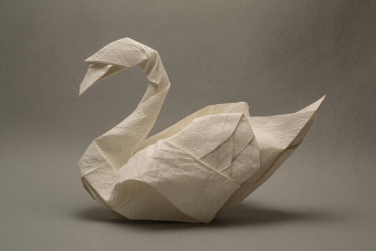Elegant origami swan in shades of white, folded in intricate detail, presented against a soft, neutral background, showcasing graceful art and delicate craftsmanship - Powered by Adobe