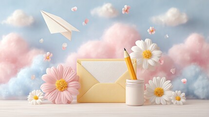 Colorful scene with flowers and stationery.