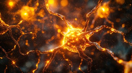 Brightly glowing neurons connected with intricate fibers in an abstract representation of the nervous system