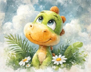 Cute dinosaur character among flowers and leaves.