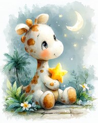 Cute giraffe holding star under moonlight.