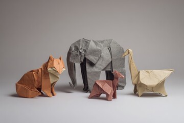 A group of origami animals including a fox, elephant, deer, and llama on a simple background, highlighting the intricate paper folding techniques, a showcase of artistic skill.
