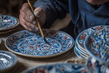 Close-up of craftsman's hands painting intricate blue and red floral design onto a ceramic plate with a fine brush, a traditional art form.
