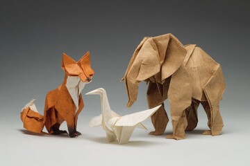 A group of origami animals, including a fox, a crane, and an elephant, created from colorful paper and displayed in front of a plain background, showing intricate paper folding techniques.