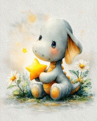 Cute dragon holding a star among daisies.