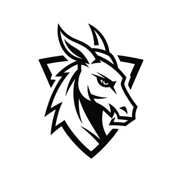 Donkey head mascot logo. Black and white vector illustration of a mule or burro face inside a shield.