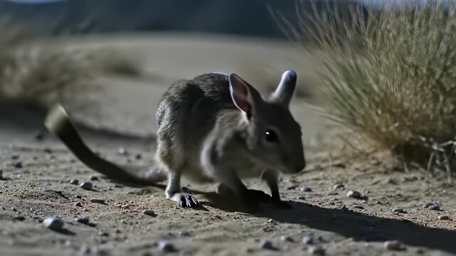 A small, jerboa like creature stands tall on its hind legs in the sandy dunes, its long ears perked up as it surveys its surroundings, capturing the concept of freedom and adventure.