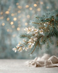 Winter branch with delicate flowers and lights.