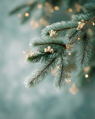 Close-up of pine branch with faint lights.