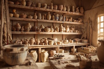 A pottery workshop filled with handmade clay pots, vessels, and tools displayed on rustic wooden shelves, showcasing the artisan's craft and creative process with traditional techniques.