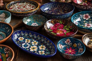 A vibrant collection of hand-painted ceramic bowls, each adorned with unique floral patterns and rich colors, creating a visually appealing and artistic display on a wooden surface.