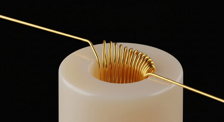 Gold wire coils around a ceramic bobbin in slow motion creating precise layers in a detailed visual display of craftsmanship and technique