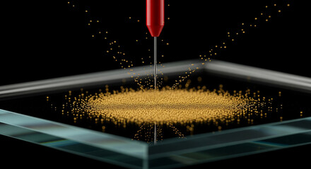 Gold atoms slowly settle on a surface during a film deposition process in a laboratory setting
