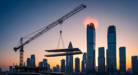 Construction in Dubai with crane lifting concrete section at sunset over city skyline