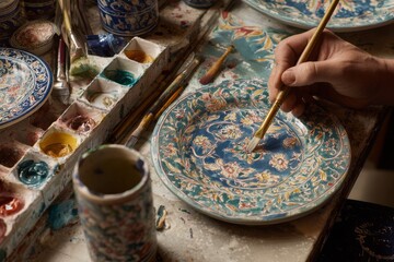 Close-up of artisan hand painting traditional floral design on ceramic plate using fine brush, showcasing vibrant colors and intricate detail on a handcrafted piece of art.