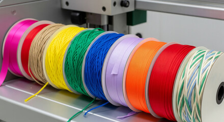 Bright red silk ribbon is being spooled out and cut by a machine in a production area with various...