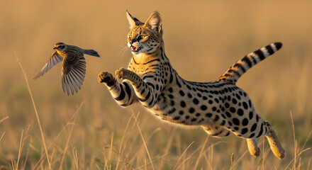 Serval leaps into the air to catch a bird in a grassy field during a sunny afternoon