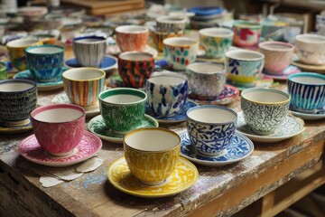 Collection of handmade ceramic tea cups and saucers displayed on a wooden table, showcasing unique designs and vibrant colors in a studio setting.