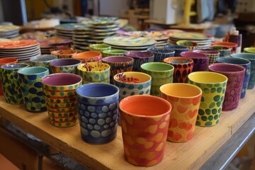 A colorful collection of hand-painted ceramic cups and plates displayed on a wooden table, showcasing unique artistic designs and vibrant color palettes.