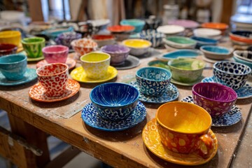 Vibrant collection of handmade ceramic cups and bowls, showcasing artistic detail, diverse colors, and unique patterns on a rustic wooden surface. These pieces add a touch of artistry to any table.