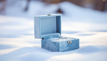Empty velvet engagement ring box in the bright winter snow