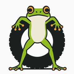 Cute Green Frog Standing on Dark Circular Emblem Fun Cartoon Mascot Character
