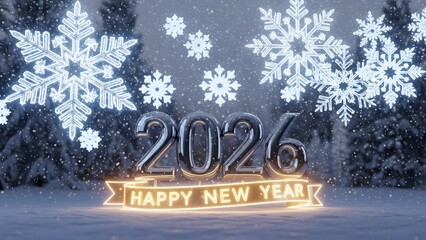 Festive 3d rendering of glowing silver balloons forming the year 2026 with a neon banner saying happy new year set in a snowy winter landscape with large illuminated snowflakes falling around evergree