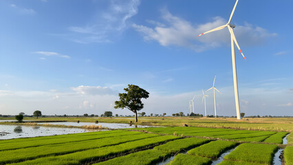 Scenic paddy field landscape with windmills under blue sky, sustainable energy powering agriculture for a green future