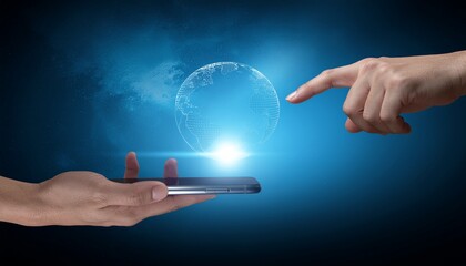 two hands holding a smartphone projecting a glowing digital earth globe hologram, symbolizing global technology and communication