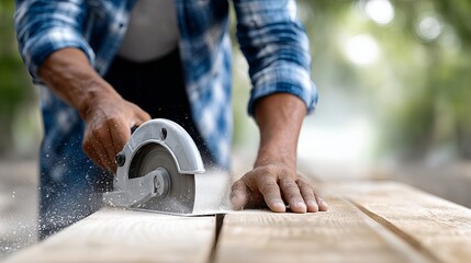 Worker cuts wood with a circular saw in a sunny outdoor setting