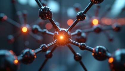 Bright glowing molecular structure shows science research, advanced tech solutions. Interconnected atoms form complex digital network. Visualizes big data, future discovery, innovation, engineering