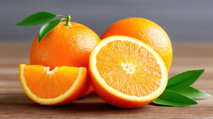 Fruits rich in vitamin C for skin health include fresh orange slices with vibrant color and green leaves on wooden surface