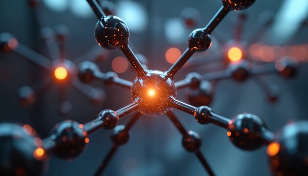 Bright glowing molecular structure shows science research, advanced tech solutions. Interconnected atoms form complex digital network. Visualizes big data, future discovery, innovation, engineering - Powered by Adobe