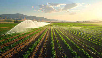 Irrigation system watering crops in a vast agricultural field.