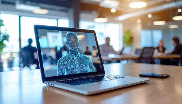 laptop on wooden table displaying a 3d wireframe digital avatar during a virtual business meeting in a modern office - Powered by Adobe