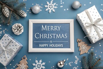 Festive merry christmas and happy holidays message on a chalkboard surrounded by gifts and pine branches