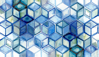 Abstract watercolor geometric pattern with blue and green cubes.