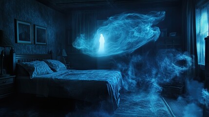 Ethereal blue spirit manifestation swirling above a dark, haunted bedroom creating an atmosphere of intense supernatural mystery
