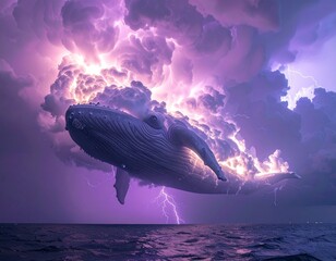 a colossal cloud-creature shaped like a leviathan gliding across a purple sky, lightning veins glowing under its skin