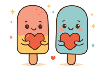 Cute cartoon popsicles holding hearts together on white background