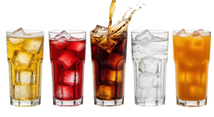 Assortment of refreshing cold beverages with ice isolated on transparent background